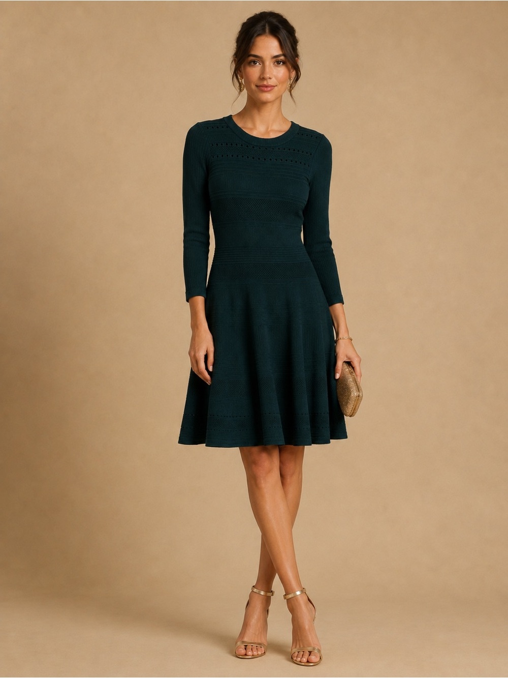 Eliza J Deep Forest Green Ribbed Knit Eyelet Fit & Flare Dress Gold Zip Back XS